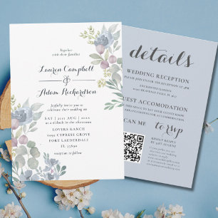 Convite Casamento Azul Eucalyptus Floral Dusty All-in-one