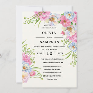 Convite Casamento Azul Floral Borgonha Dourado Rosa Rubor