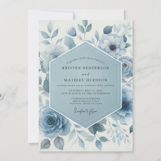 Convite Casamento Azul Floral Caprichoso (Frente)