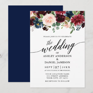 Convite Casamento Azul Floral da Burgundy