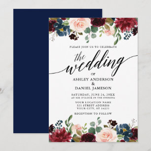 Convite Casamento Azul Floral da Burgundy