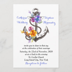 Convite Casamento Azul Floral de Anchor de Barcos Náutico