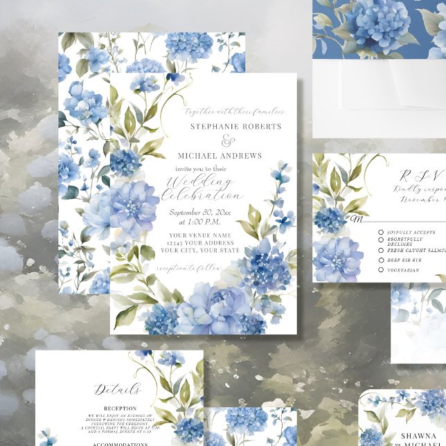 Convite Casamento Azul Floral e Branco no Verão Elegante (Criador carregado)