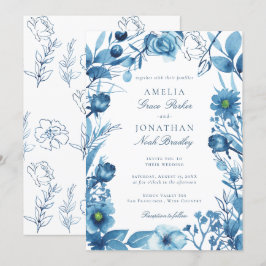Convite Casamento Azul Floral Elegante