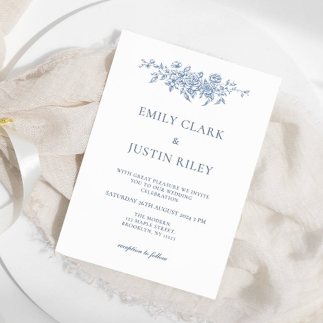 Convite Casamento Azul Floral Elegante Vintage (Criador carregado)