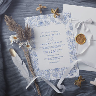 Convite Casamento Azul Floral Moderno Chic Minimalista Ele