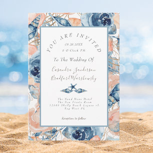 Convite Casamento Azul Floral Rosa da Shell de Aquarelas d