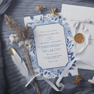Convite Casamento Azul Floral Vintage Elegante Moderno Chi
