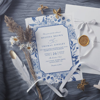 Convite Casamento Azul Floral Vintage Elegante Moderno Chi