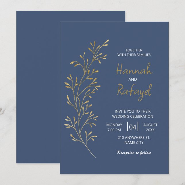 Convite Casamento Azul Folha Dourada Simples Moderno (Frente/Verso)