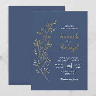 Convite Casamento Azul Folha Dourada Simples Moderno