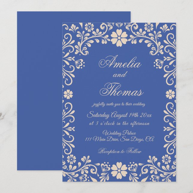 Convite Casamento Azul Francês (Frente/Verso)