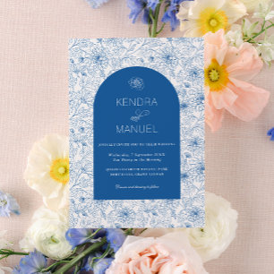 Convite Casamento Azul Francês com Toile Floral Arch Elega