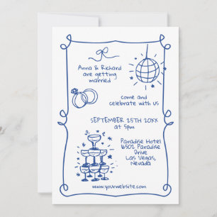 Convite Casamento Azul Francês Quirky Doodle