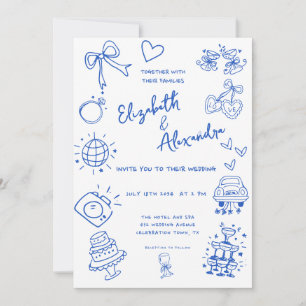 Convite Casamento Azul Francês Quirky Drawn