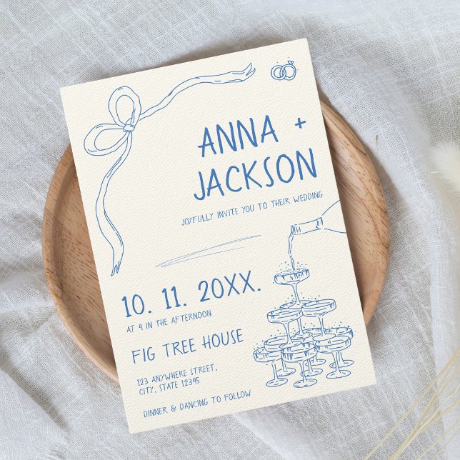 Convite Casamento Azul Francês Vintage Ilustrado (Vintage French Hand-illustrated wedding invitation with blue tones)