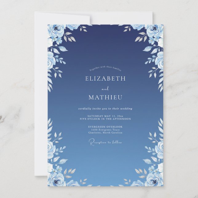Convite Casamento Azul Índigo Ranunculus Eucalipto (Frente)