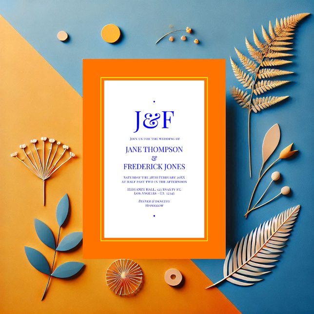 Convite Casamento azul, laranja e amarelo (Blue, Orange and Yellow Wedding Invitation)