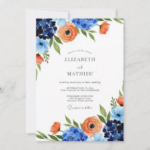 Convite Casamento Azul Laranja Floral Caprichoso