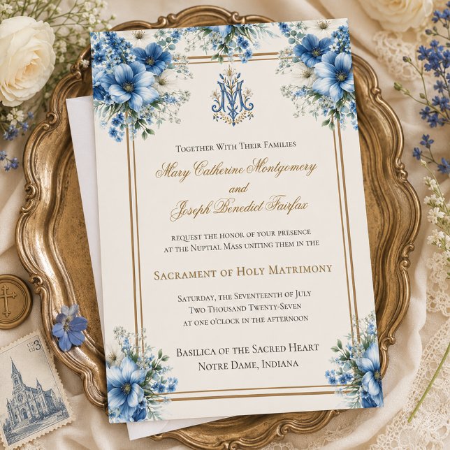 Convite Casamento Azul Mariano Católico Tradicional  (Criador carregado)