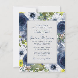 Convite Casamento Azul Marinho Amarelo Branco Floral e Cin