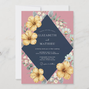 Convite Casamento Azul-Marinho Amarelo Hibisco Eucalipto