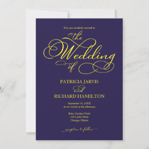 Convite Casamento Azul Marinho Amarelo Roteiro Elegante