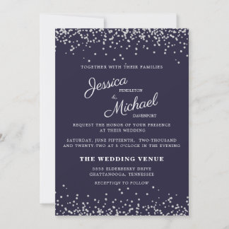 Convite Casamento Azul Marinho Brilho Prata Grafia Elegant