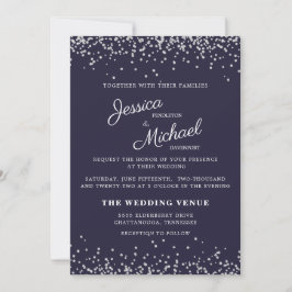 Convite Casamento Azul Marinho Brilho Prata Grafia Elegant