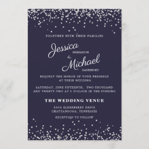Convite Casamento Azul Marinho Brilho Prata Grafia Elegant