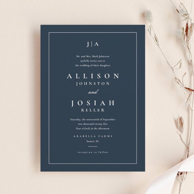 Convite Casamento Azul Marinho Clássico (Elegant navy blue wedding invitation with classic monogram and typography, and simple frame.)