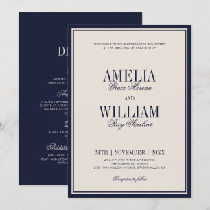 Convite Casamento Azul Marinho Clássico Atemporal Creme
