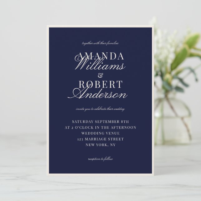 Convite Casamento Azul Marinho Clássico e Elegante com Est (Em pé/Frente)
