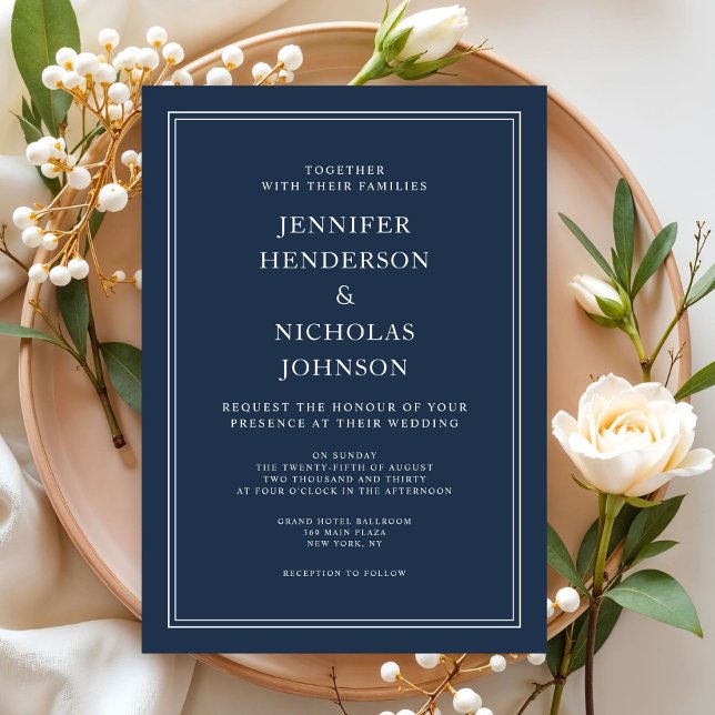 Convite Casamento Azul Marinho Clássico Elegante Moderno (Modern Elegant Classic Navy Blue Wedding Invitation)