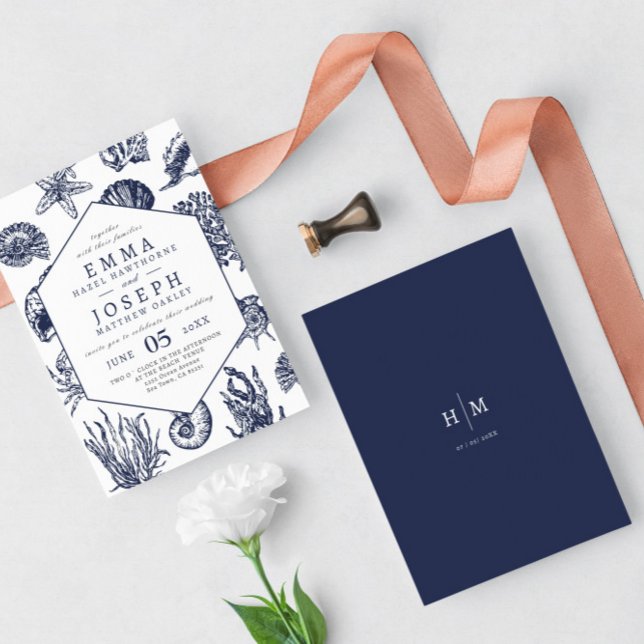 Convite Casamento azul-marinho clássico Oceânico náutico (Criador carregado)