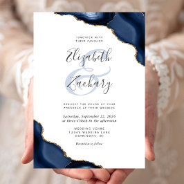 Convite Casamento Azul Marinho com Cantos de Ágata Dourada