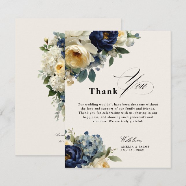 Convite Casamento Azul Marinho com Flores e Peônias Agrade (Frente/Verso)