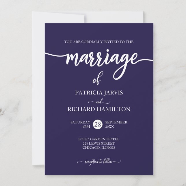 Convite Casamento Azul Marinho com Letra Elegante (Frente)