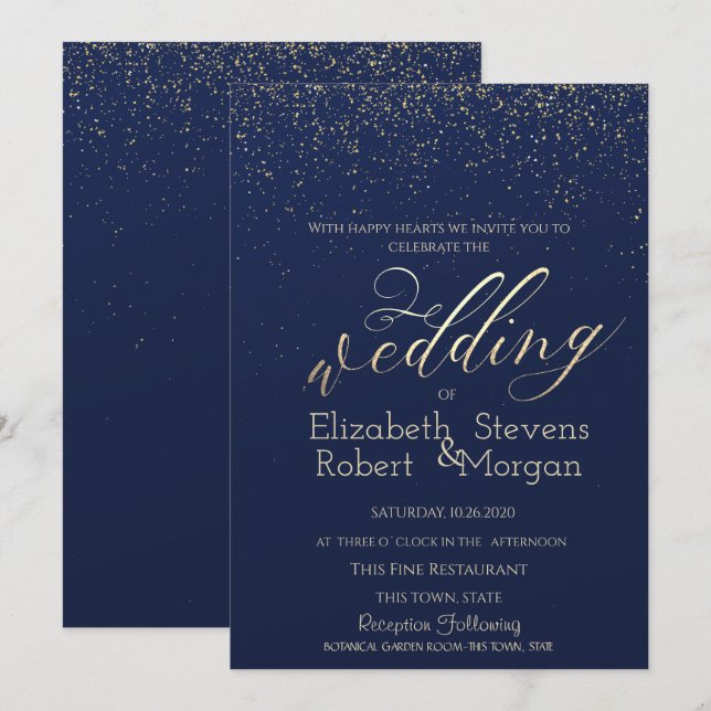 Convite Casamento Azul Marinho Confetes Simples Elegante (Frente/Verso)
