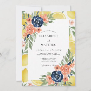 Convite Casamento Azul Marinho Coral Cítrico Eucalipto