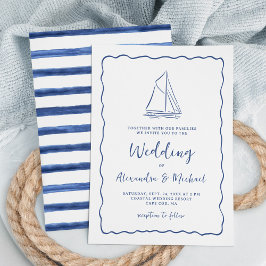 Convite Casamento Azul Marinho de Barco à Vela Desenhado à