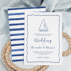 Convite Casamento Azul Marinho de Barco à Vela Desenhado à