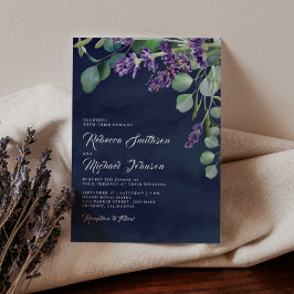 Convite Casamento Azul Marinho de Lavanda e Eucalipto Rúst