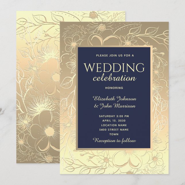 Convite Casamento Azul Marinho Dourado Elegante (Frente/Verso)