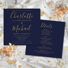 Convite Casamento Azul Marinho Dourado Elegante Roteiro Tu