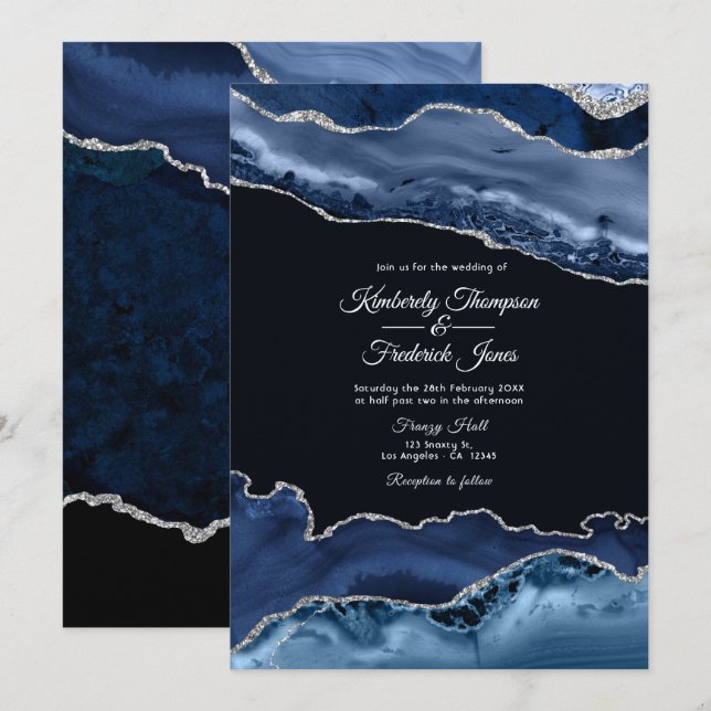 Convite Casamento Azul Marinho e Ágata Prata (Frente/Verso)