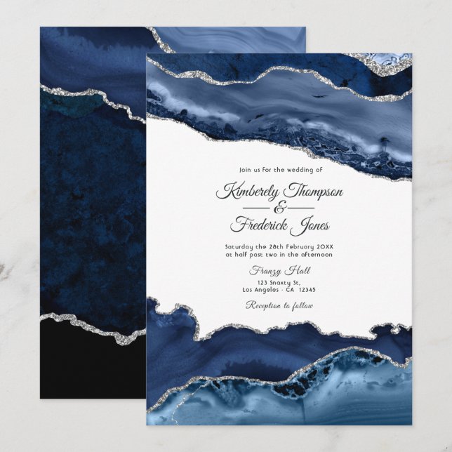 Convite Casamento Azul Marinho e Ágata Prata (Frente/Verso)
