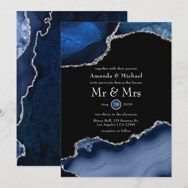 Convite Casamento Azul Marinho e Ágata Prata (Frente/Verso)
