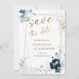 Convite Casamento Azul Marinho e Dourado Salve a Data