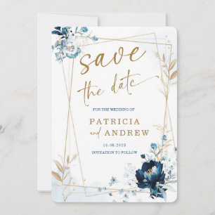 Convite Casamento Azul Marinho e Dourado Salve a Data